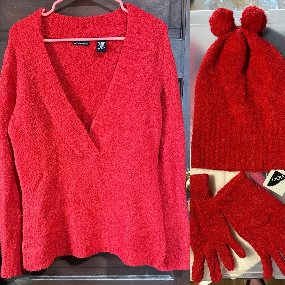 Deep V-Neck Sweater, Pom-Pom Beanie, and Gloves Set